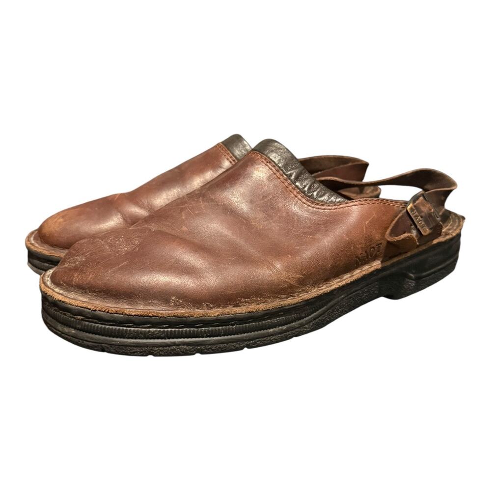 NAOT Scandinavian Glacier Clogs Men’s Size 13 Mules Leather Brown Strap Back